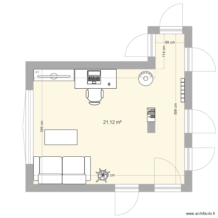 Salon. Plan de 1 pièce et 21 m2