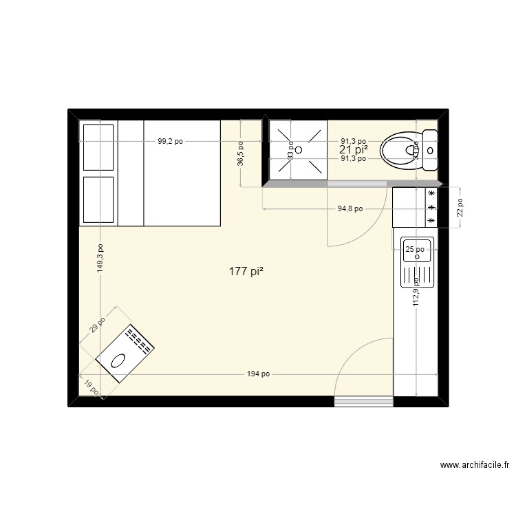 Abris forestier. Plan de 2 pièces et 18 m2