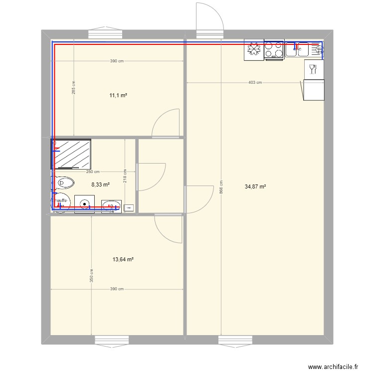 Firminy R+2 70m² plomberie. Plan de 4 pièces et 68 m2