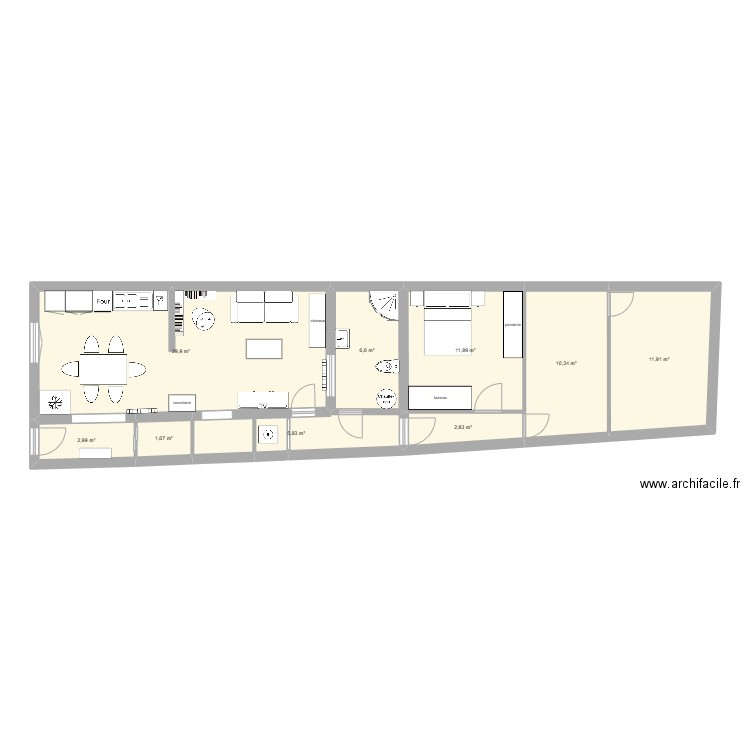 salle debian. Plan de 9 pièces et 84 m2