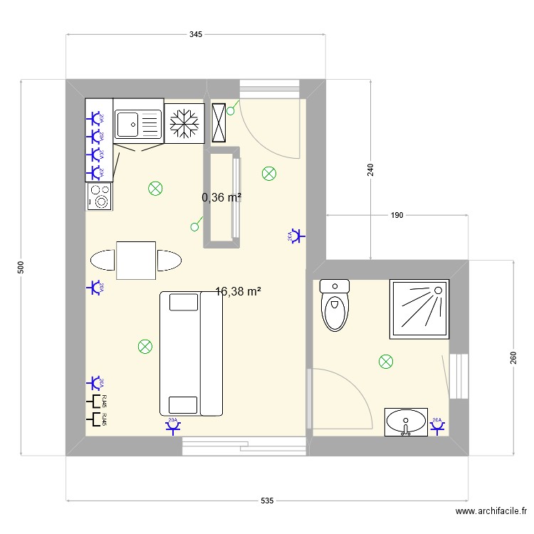 AUTISTE. Plan de 2 pièces et 17 m2