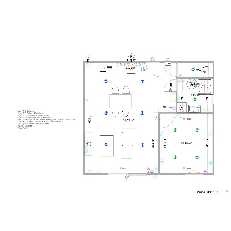 Location 45 m². Plan de 4 pièces et 46 m2