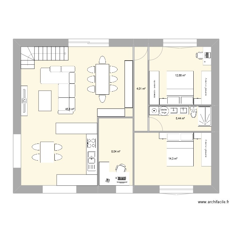 les pez. Plan de 6 pièces et 90 m2