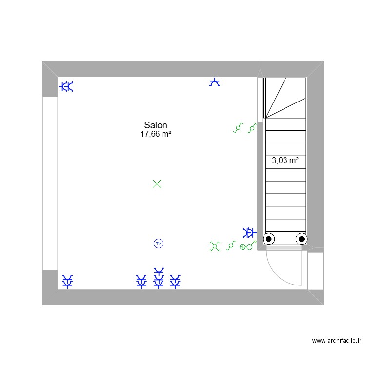 Maison - RDC salon. Plan de 2 pièces et 21 m2