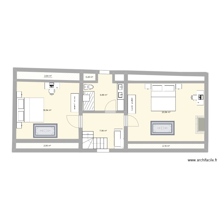 Maison sud étage partagé 121124. Plan de 8 pièces et 65 m2