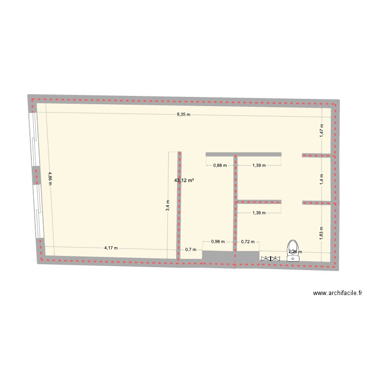 RP 2 pièces. Plan de 1 pièce et 43 m2