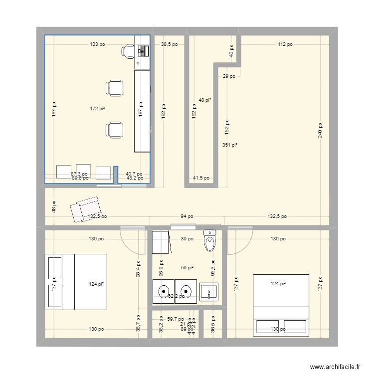 sous sol. Plan de 7 pièces et 83 m2