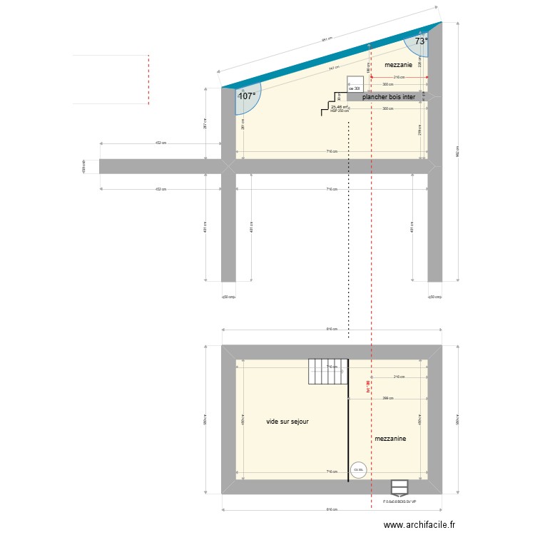 degli innocenti coupe et plan mezzanie . Plan de 2 pièces et 58 m2