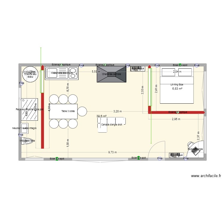 Aménagement Mazet. Plan de 2 pièces et 46 m2