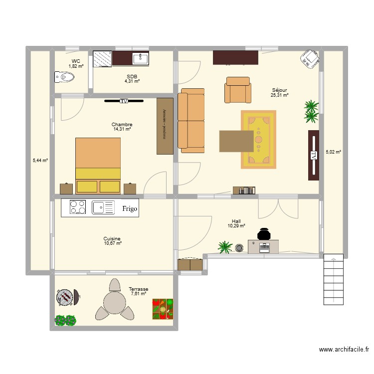 Tavier avec meubles . Plan de 9 pièces et 85 m2