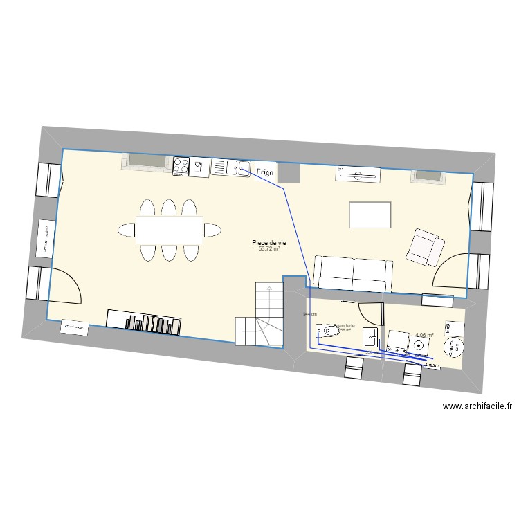 Maison R D C réseau Eau. Plan de 3 pièces et 61 m2