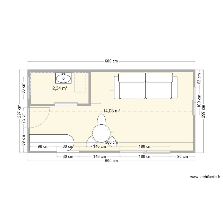 Bungalow 18m2 + Face v2. Plan de 2 pièces et 19 m2