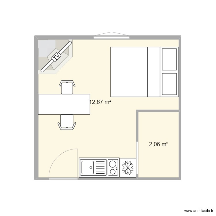 studio. Plan de 2 pièces et 15 m2