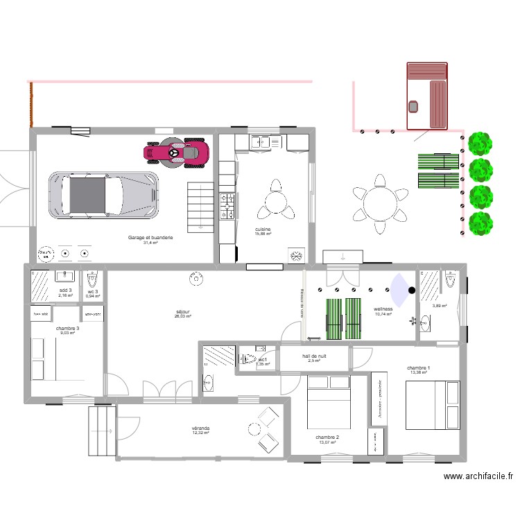 projet 5 bis Allemagne sans le jardin. Plan de 13 pièces et 143 m2