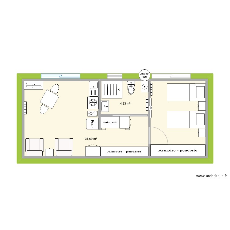 RdJ. Plan de 2 pièces et 44 m2