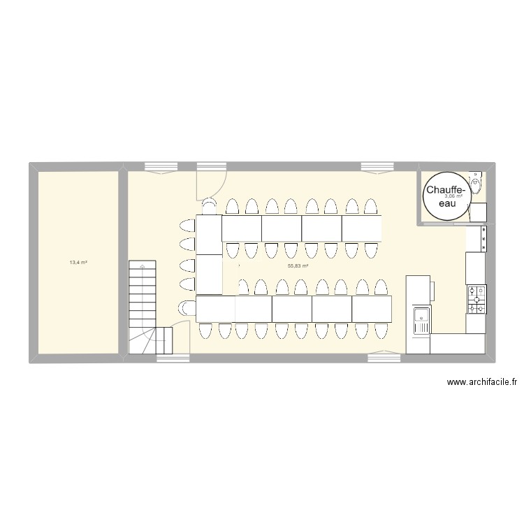 Moulin salle de receptio. Plan de 3 pièces et 72 m2