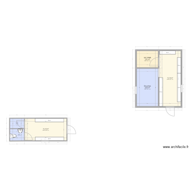 Vestiaire 14 m² avec WC. Plan de 6 pièces et 40 m2
