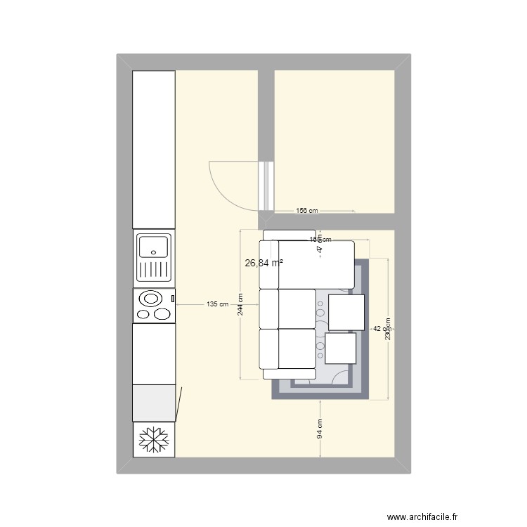 salon cuisine entrée sdb . Plan de 1 pièce et 27 m2