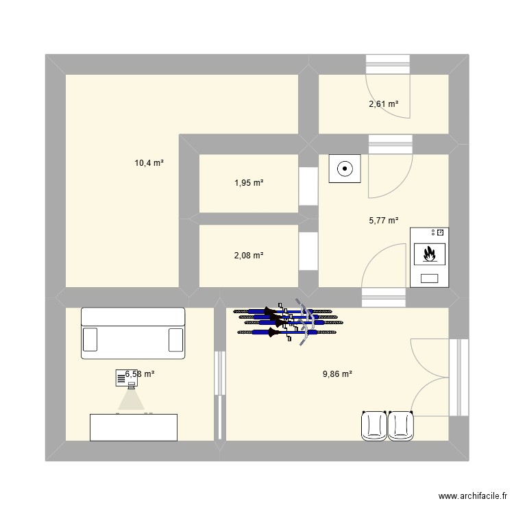 r-1. Plan de 7 pièces et 39 m2