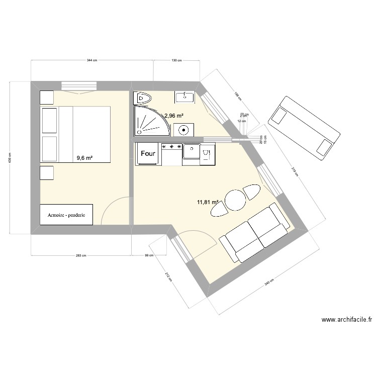 92130 - 2 puces 24m2 V5. Plan de 3 pièces et 24 m2