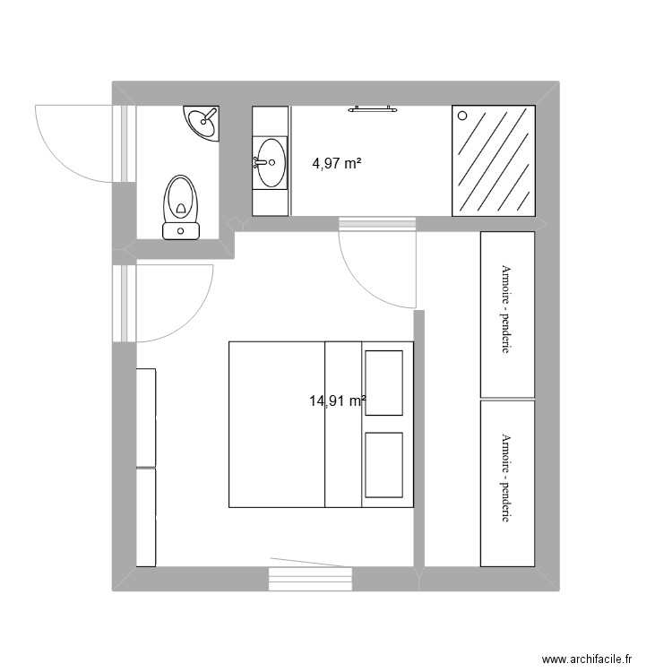 Chambre Carole. Plan de 2 pièces et 20 m2