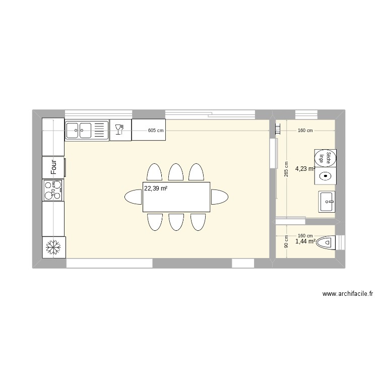 Cuisine. Plan de 3 pièces et 28 m2