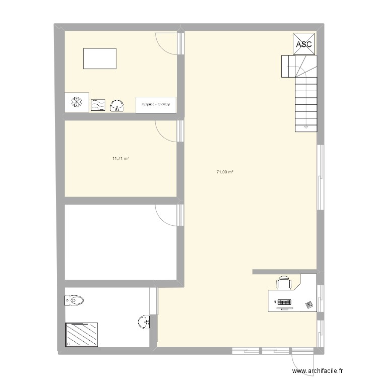 cab kiné. Plan de 2 pièces et 83 m2