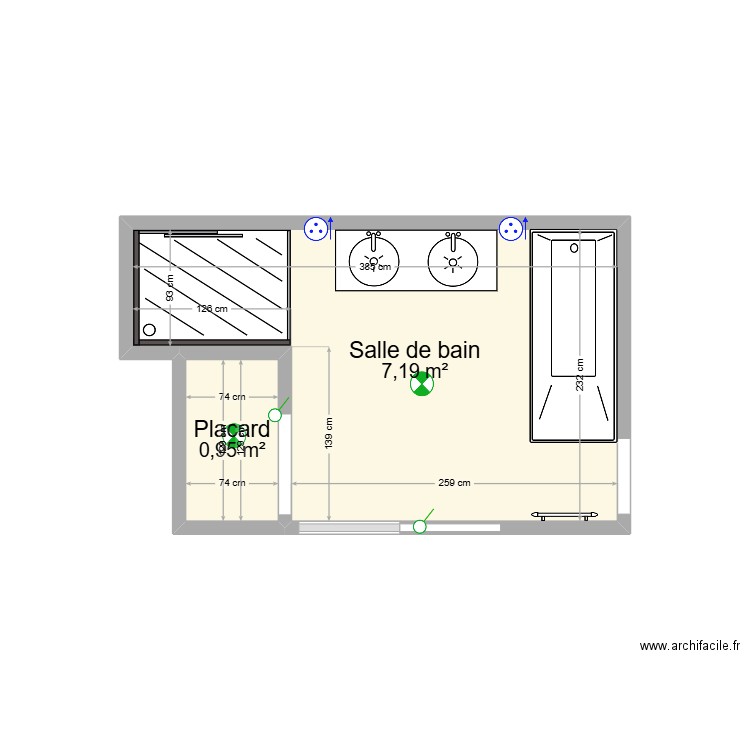 Salle de bain. Plan de 2 pièces et 8 m2