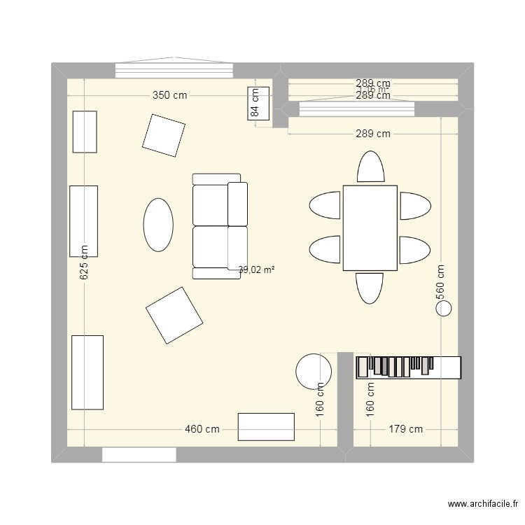 Salle à manger. Plan de 2 pièces et 40 m2