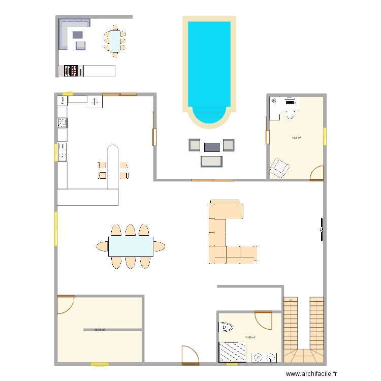 RDC. Plan de 3 pièces et 46 m2