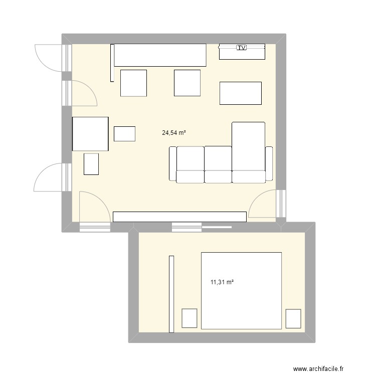 base salon. Plan de 2 pièces et 36 m2