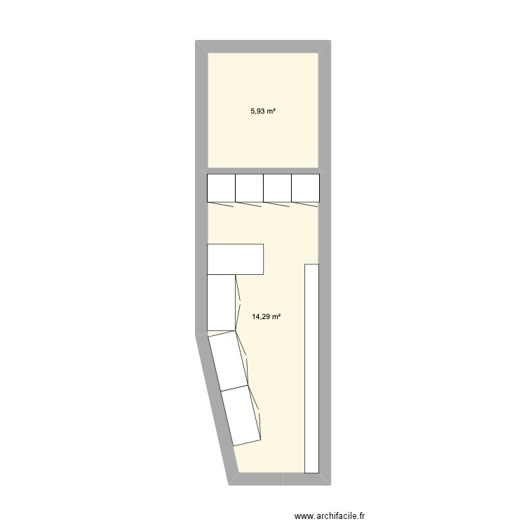 Cuisine sans baie vitrée. Plan de 2 pièces et 20 m2