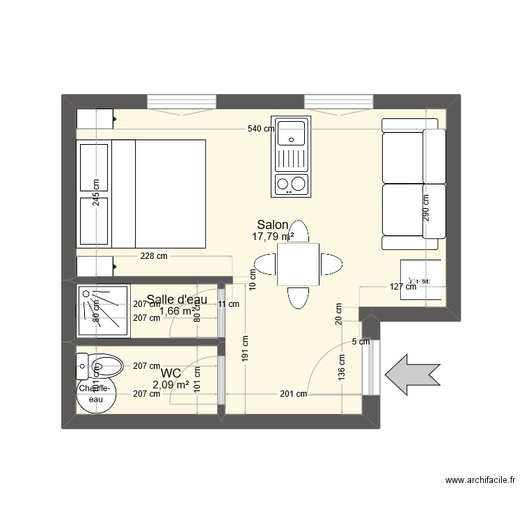 STUDIO PASCAL. Plan de 3 pièces et 22 m2