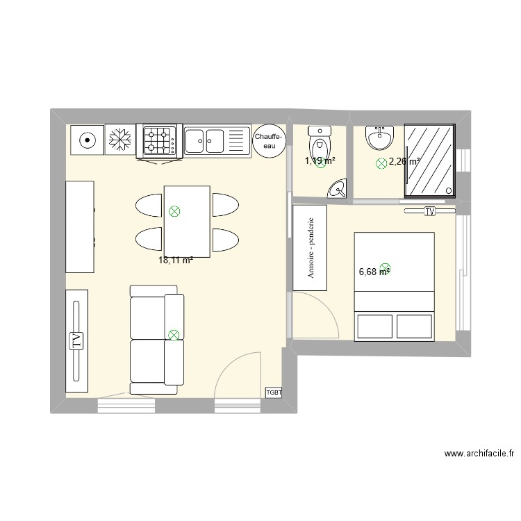 Studio 2 pièces. Plan de 4 pièces et 28 m2