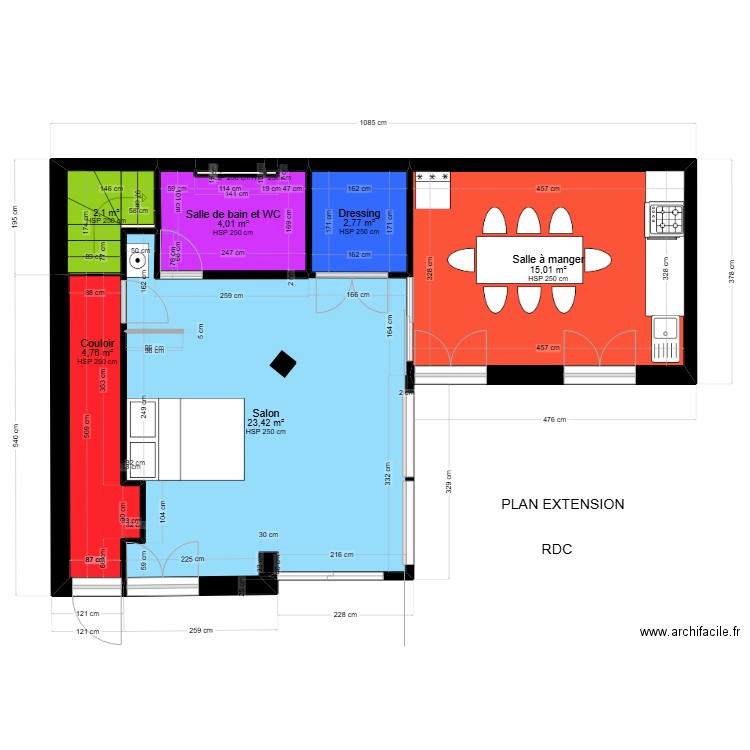 RDC  AVEC COULOIR MEUBLE variante finale. Plan de 8 pièces et 52 m2