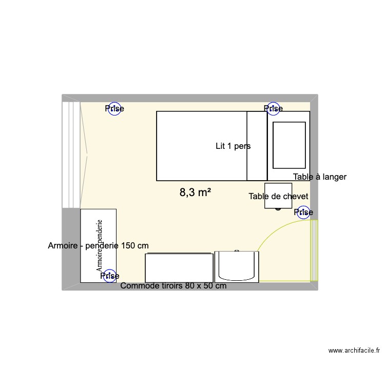 Chambre Madeleine 2. Plan de 1 pièce et 8 m2