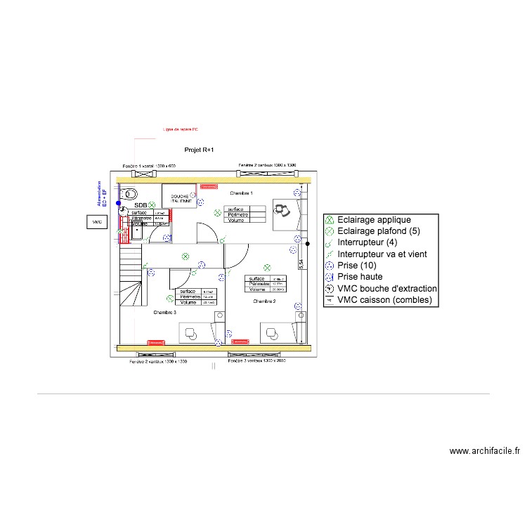 implantation electrique R+1. Plan de 0 pièce et 0 m2