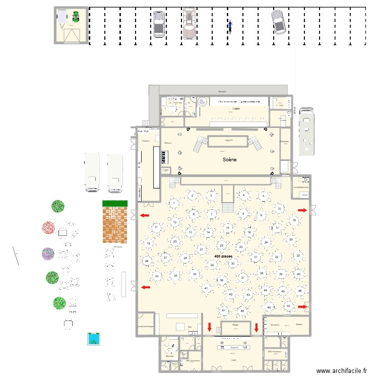 Cabaret 400 places. Plan de 29 pièces et 424 m2