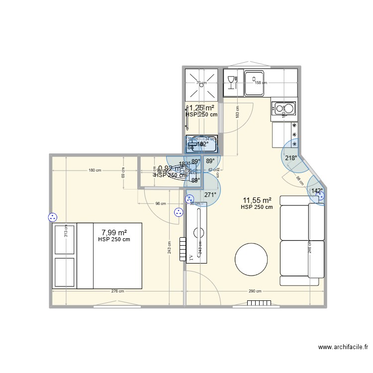 sdb cuisine wc separer. Plan de 4 pièces et 22 m2