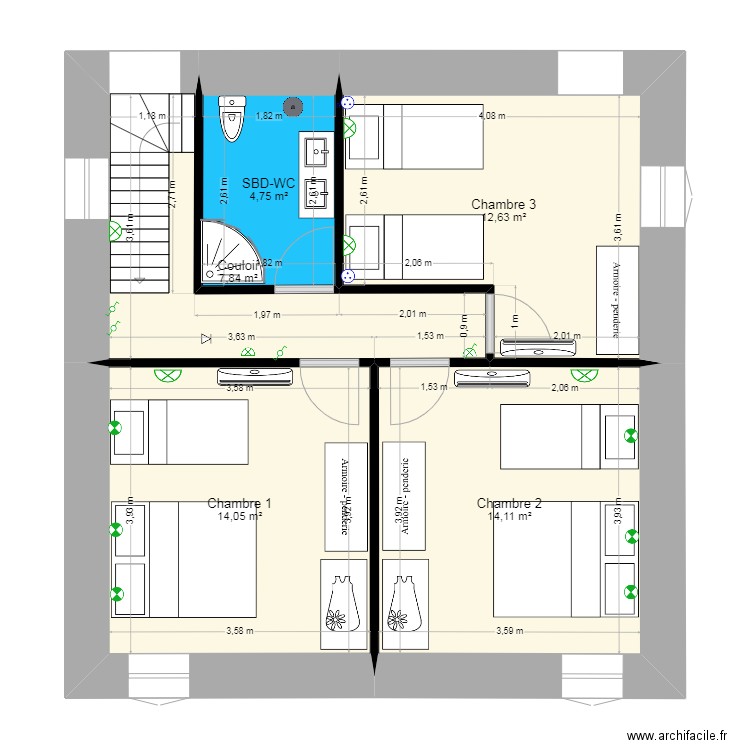 ETAGE 1. Plan de 5 pièces et 53 m2