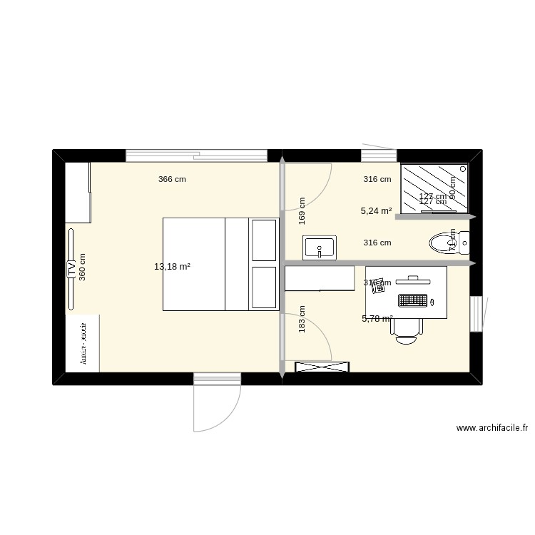 Studio. Plan de 3 pièces et 24 m2