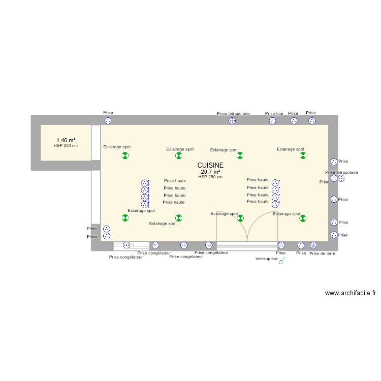 CUISINE TRAITEUR ELECTRICITE SANS COTE. Plan de 2 pièces et 22 m2