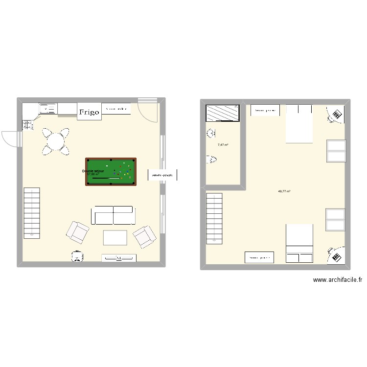 rez de chaussée et étage. Plan de 3 pièces et 115 m2