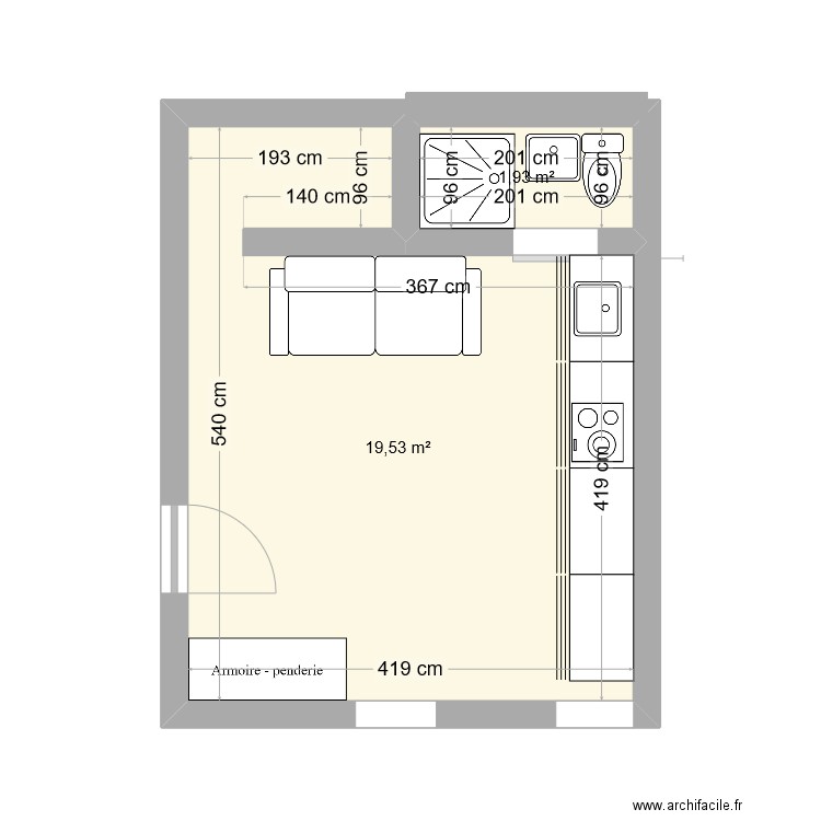 Studio DZ. Plan de 2 pièces et 21 m2