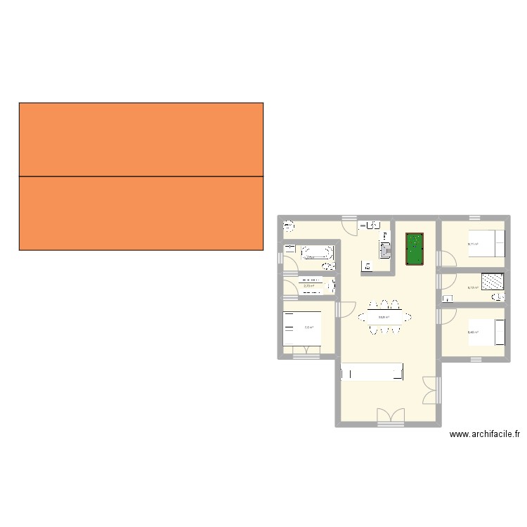 en T. Plan de 7 pièces et 90 m2