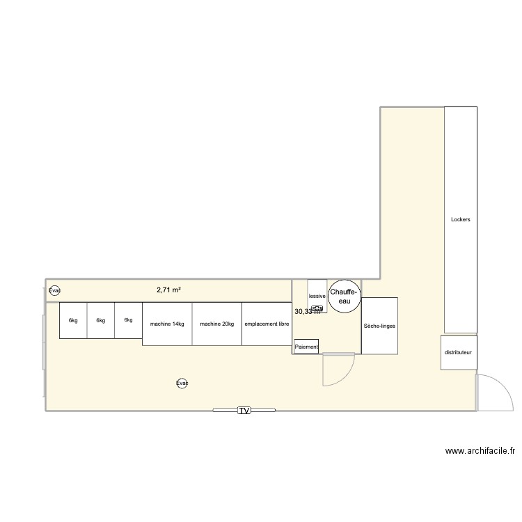 laverie V2. Plan de 3 pièces et 36 m2