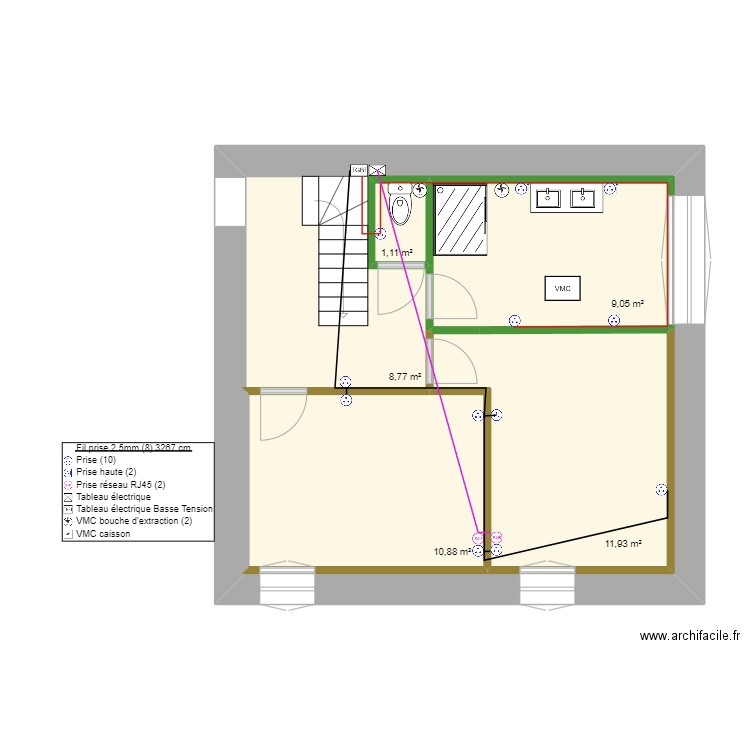 étage coter wc sdb base prises. Plan de 5 pièces et 78 m2