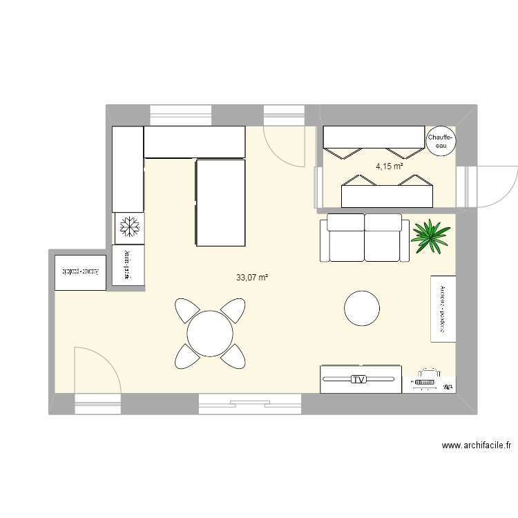 pièce vie. Plan de 2 pièces et 37 m2