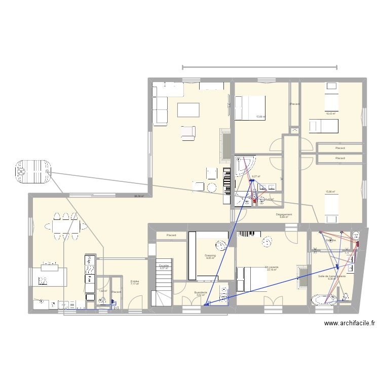 Plan plomberie. Plan de 25 pièces et 229 m2