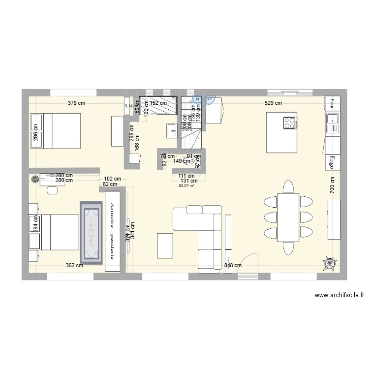 Maison st Laurent. Plan de 2 pièces et 82 m2